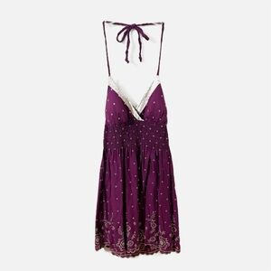 Heart Soul Sweetheart Neckline Embroidered Eyelet Halter Mini Dress Purple White
